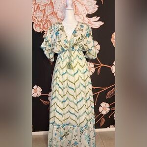 Boho White Maxi Dress with Gold Sequin Embellishments and Blue & Olive Accents